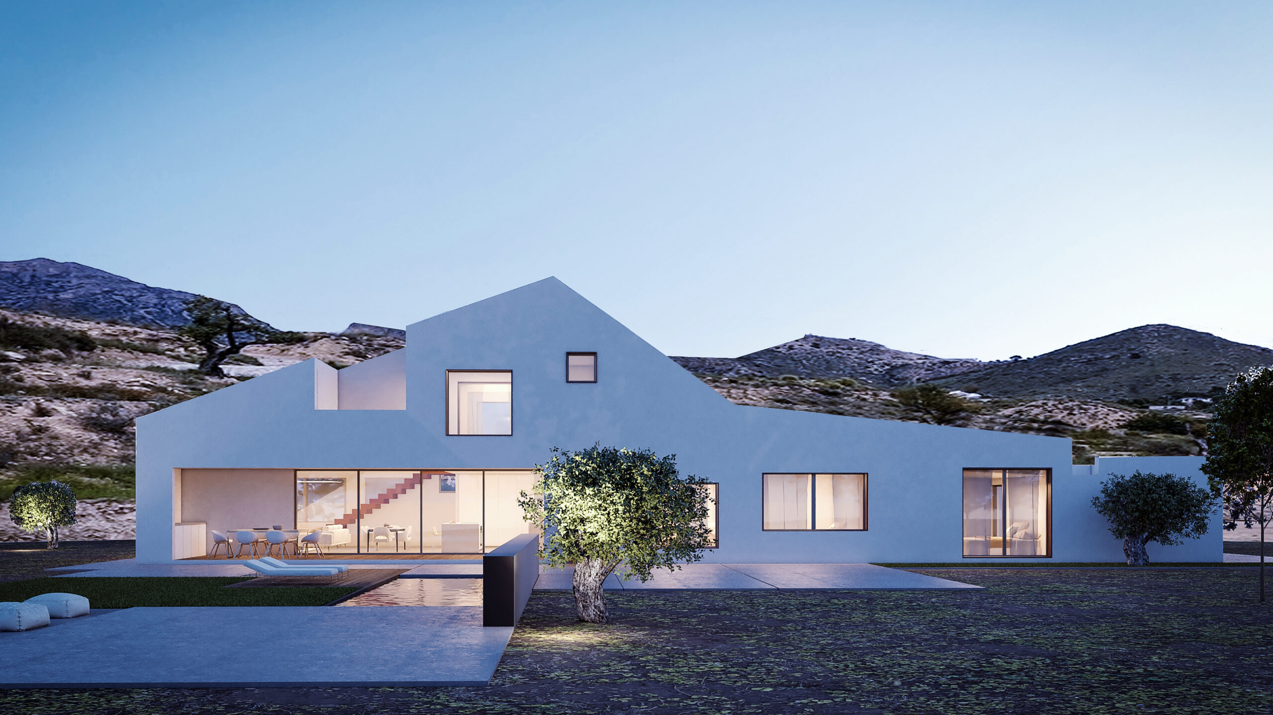 Vivienda unifamiliar con cubierta a dos aguas en paisaje de montaña proyecto de arquitectura en Alicante