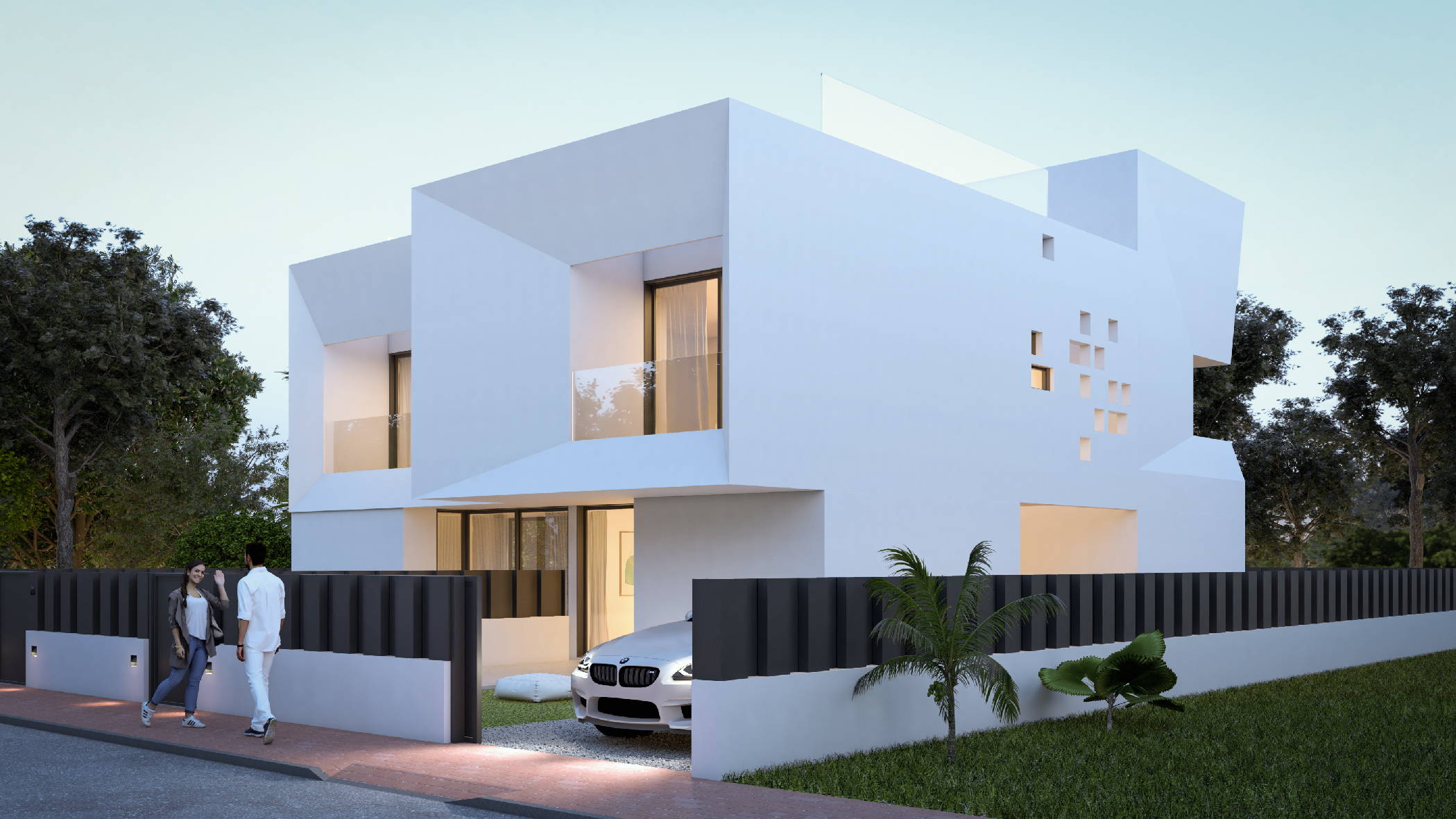 Vivienda M&M. Vista exterior al atardecer